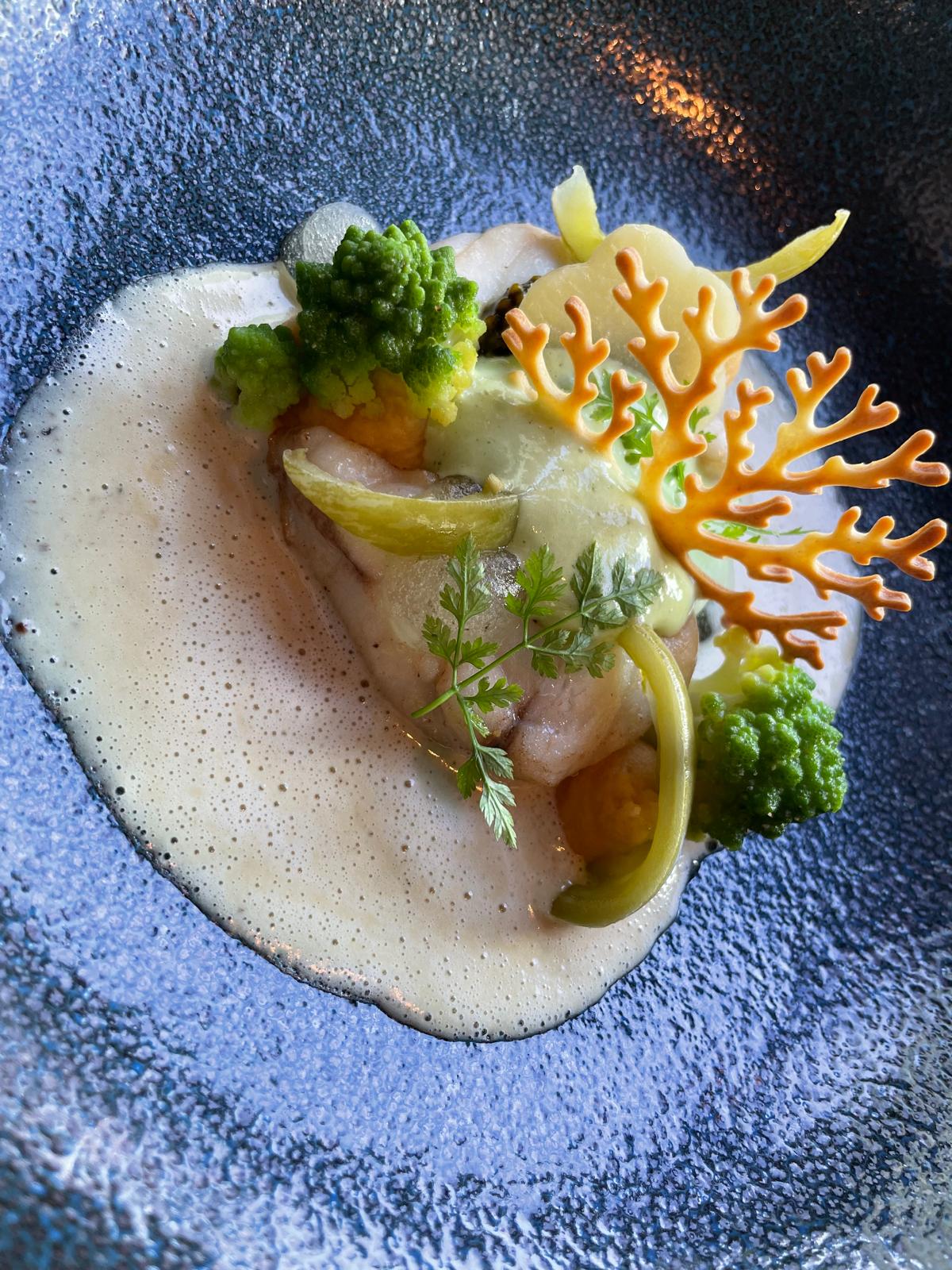 Verfijnd visgerecht met romanesco, schuim en een krokant koraaltje op een blauw bord