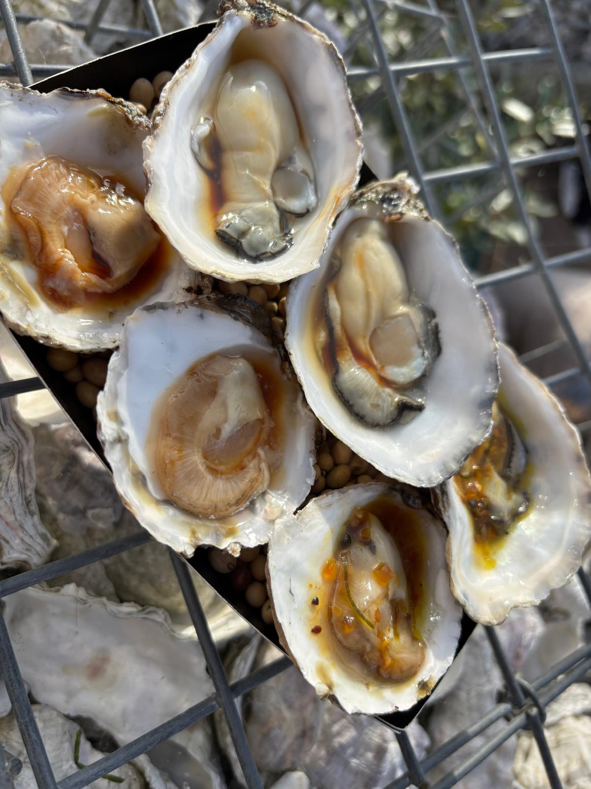 Verschillende pure oesters op een schaal met een lichte dressing