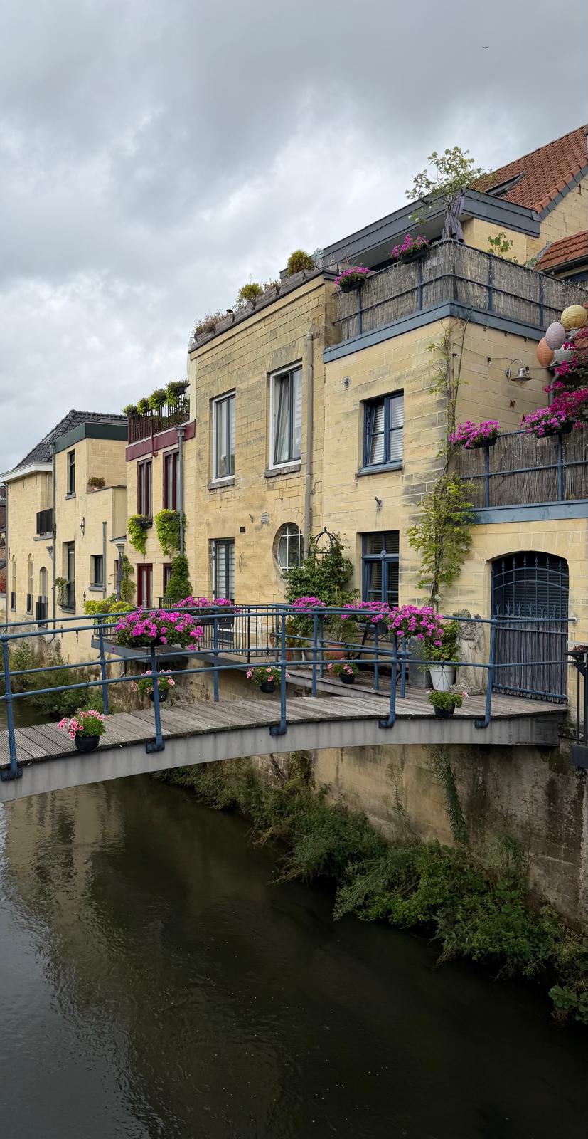 Mergelstenen huizen aan het water in Valkenburg, met een blauwe brug vol bloembakken